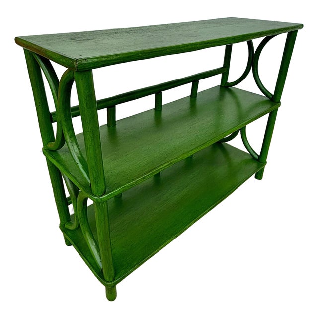 Mid-Century Green Rattan Etagere Bookcase Console - Newly Painted For Sale