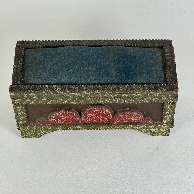 Vintage Painted Tramp / Folk Art Sewing Box With Large Pincushion Top & Red Heart Carving For Sale - Image 4 of 18