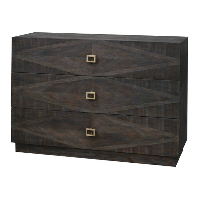 This three drawer chest has wonderfully applied Acacia veneers to make a cool geometric marquetry design on the front or...