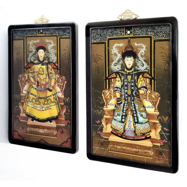 Asian Style Painting Pair Chinese Ancestral Portraits For Sale - Image 4 of 17