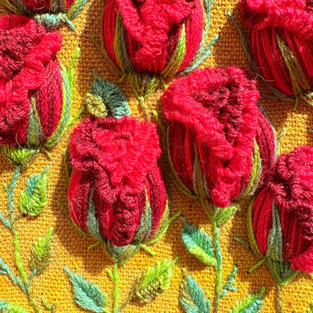 Framed 3d Stumpwork Textile Wall Art - Vintage Botanical Red Roses on Yellow For Sale In Los Angeles - Image 6 of 16