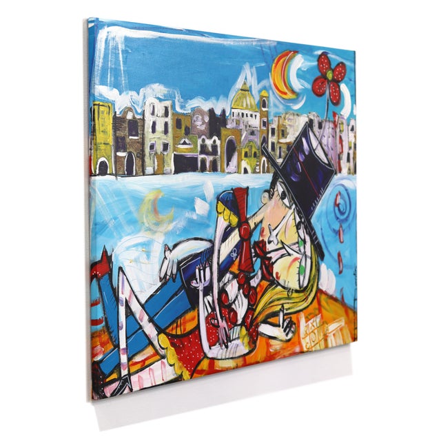 Abstract Bacio Con Vista Costiera Amalfitana - Original Amalfi Coast Cubist Figurative Mixed Media Acrylic Painting on Canvas For Sale - Image 3 of 9