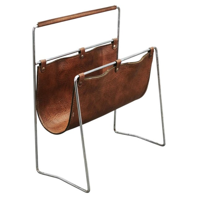 Italian Modernist Leather and Chrome Magazine Rack, 1980s For Sale - Image 11 of 11