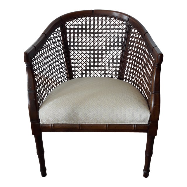 MidCentury Modern Cream Cane & Wood Barrel Back Arm Chair Chairish