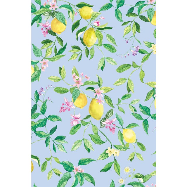 Mediterranean Limoncello Floral & Lemon Grasscloth Wallpaper by House Party | Mediterranean Blue | 6 Yards For Sale - Image 3 of 7