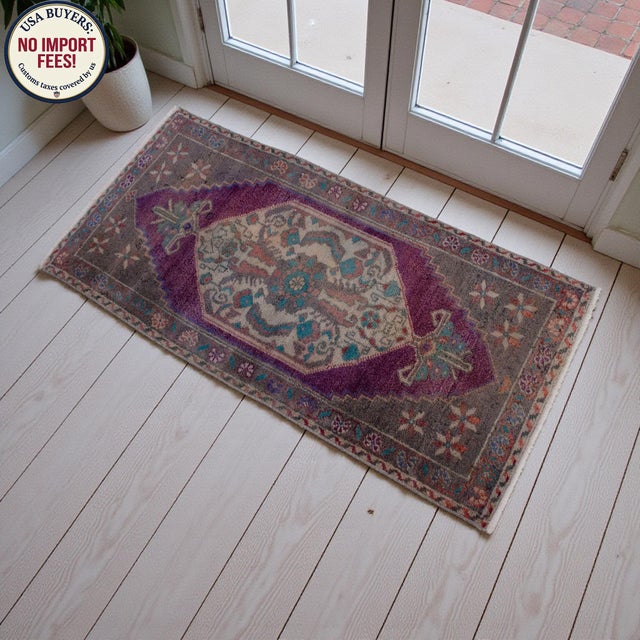 Textile Hand Knotted Small Oushak Rug Faded Mini Rug Mat - 1'8" X 3'6" For Sale - Image 7 of 14