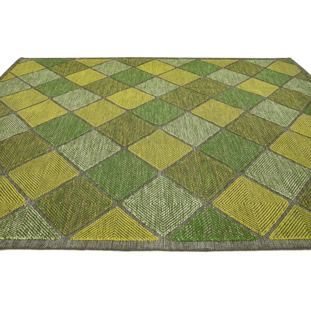 2010s Green Contemporary Swedish Style Wool Rug Handmade With Geometric Pattern For Sale - Image 5 of 9