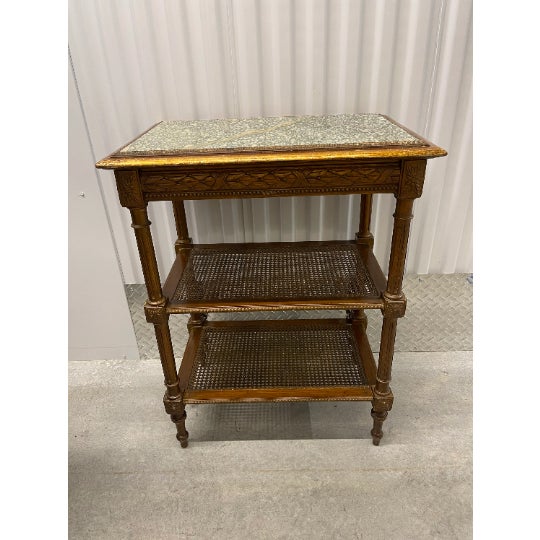 Brown 1920s Marble Top Side Table With Caned Shelves For Sale - Image 8 of 11