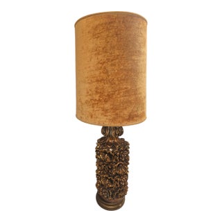 1970s Ornate Brass Table Lamp With Gold Velvet Shade, 1950s Style For Sale