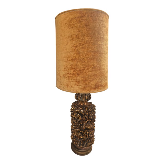 1970s Ornate Brass Table Lamp With Gold Velvet Shade, 1950s Style For Sale