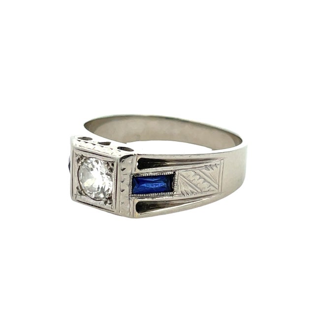 Mid 20th Century Antique Art Deco 18k Gold Diamond & Sapphire Ring, Size 9 For Sale - Image 5 of 9