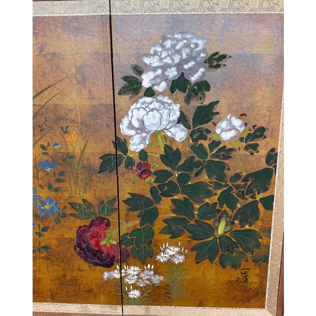 Gold Vintage Hiyakuho Imayasu Japanese Hand-Painted Floral Gold Byobu Screen For Sale - Image 8 of 18