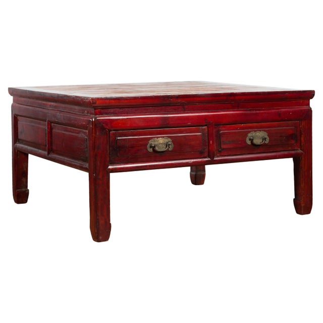 Chinese Dark Red Lacquered Coffee Table with Bamboo Top and Long Drawers For Sale - Image 13 of 13