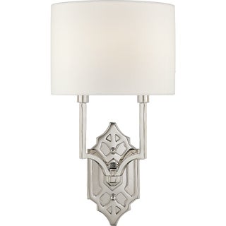 Thomas O'Brien for Visual Comfort Signature Silhouette Fretwork Sconce in Polished Nickel with Linen Shade For Sale