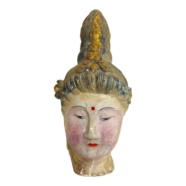 Antique Hand Painted Hand Carved Polychrome Chinese Quan Yin Head 10"h For Sale