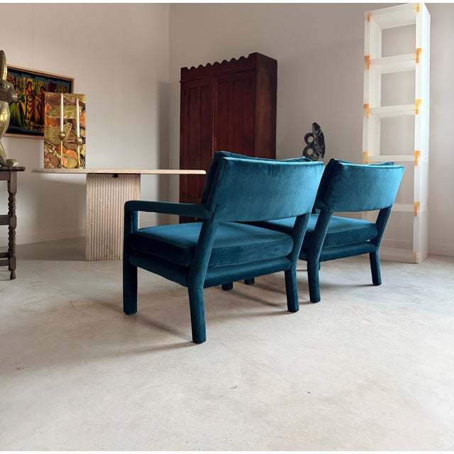 Pair Re-Upholstered Emerald Green Velvet Parsons Lounge Chairs Milo Baughman For Sale - Image 10 of 18