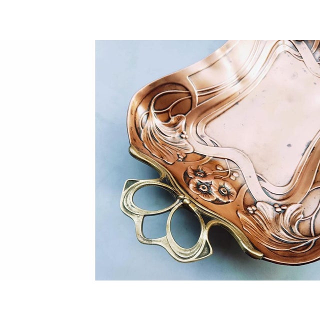 Antique Art Nouveau Embossed Brass Tray with Openwork Handles For Sale - Image 4 of 18