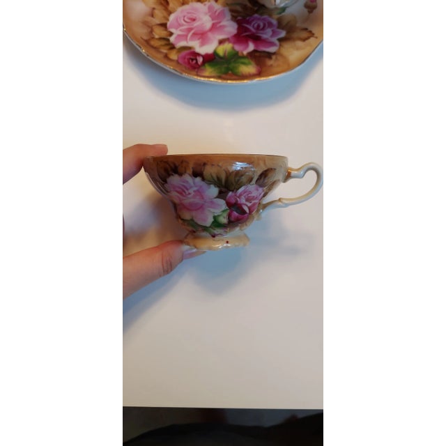 Lefton 1930s Lefton Heritage Brown Floral Snack Plate and Cup Sets- 12 Pieces For Sale - Image 4 of 5