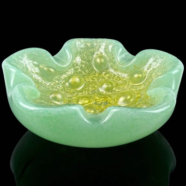 Barovier & Toso Vintage Barovier Toso Murano Light Green Gold Flecks Italian Art Deco Glass Decorative Flower Shape Bowl For Sale - Image 4 of 5