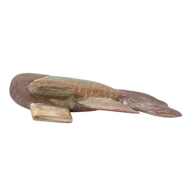 Large Rustic Carved Wood Fish Sculpture, Tan & Teal , Coastal Décor, 18" X 10” For Sale - Image 4 of 7