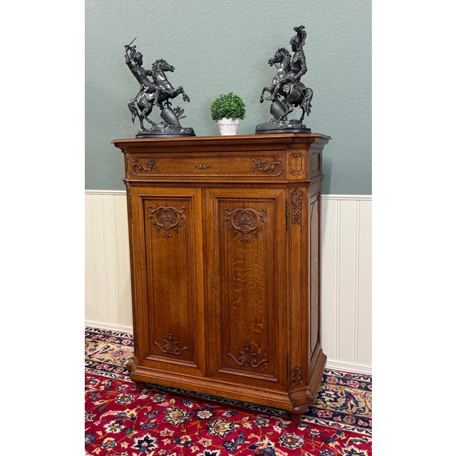 Brown Antique French Double Door Cabinet Cupboard Carved Honey Oak Drawer Early 20th For Sale - Image 8 of 17