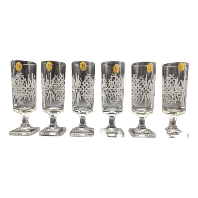 Mid-Century Crystal Glasses with Etched Lattice Decor from A.M. Manufacture, 1950s, Set of 6 For Sale