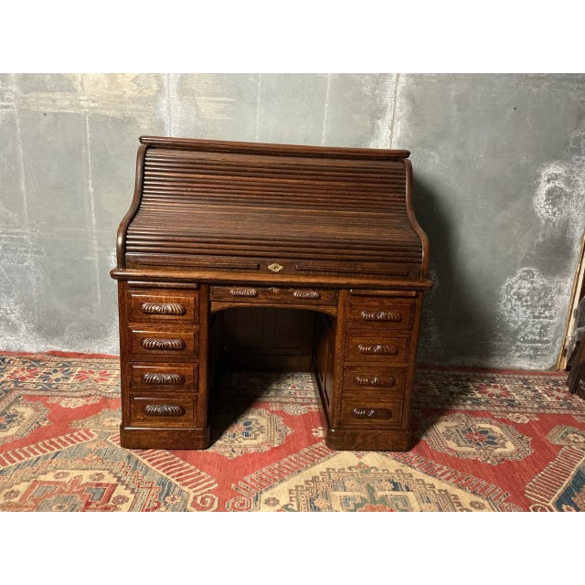 Brown Antique Oak Roll Top Desk, 1905 For Sale - Image 8 of 10