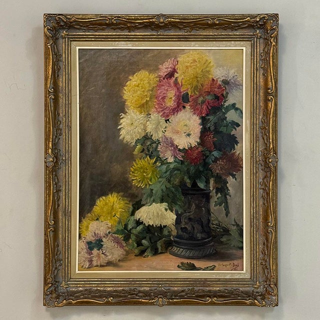 Framed Oil on Canvas, Still Life With Chrysanthemums, by M. Taquet-Beal, 1944, Belgium For Sale In Dallas - Image 6 of 15