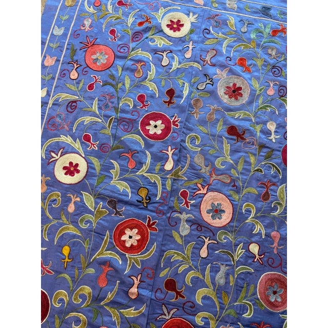Blue Silk Suzani Wall Hanging With Floral Rosettes For Sale - Image 9 of 10