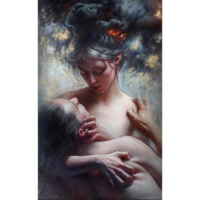 Pieta by Tenaya Sims | Oil and 23k Gold Leaf on Linen Two figures in an intimate embrace. For Sale