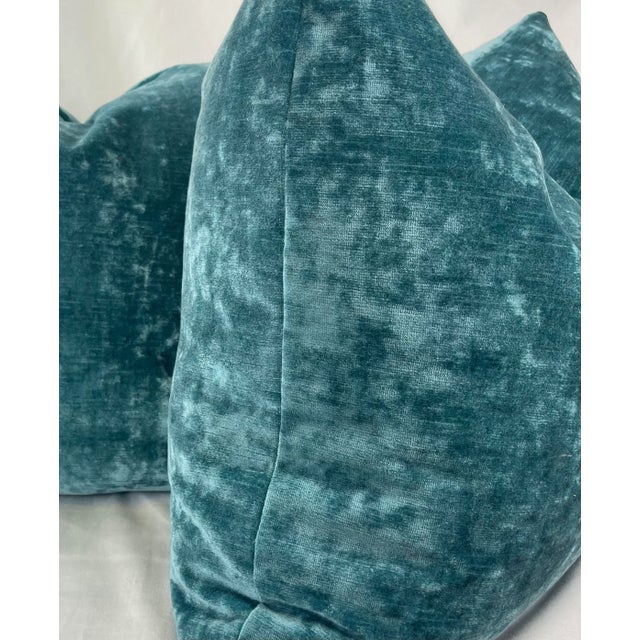 Aqua Linen Blend Velvet 22" Pillows- a Pair For Sale - Image 4 of 5