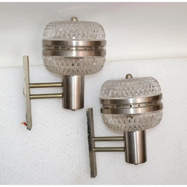 Mid-Century Modern Italian Brushed Stainless Steel & Cut Glass Sconces - Pair For Sale In Miami - Image 6 of 13