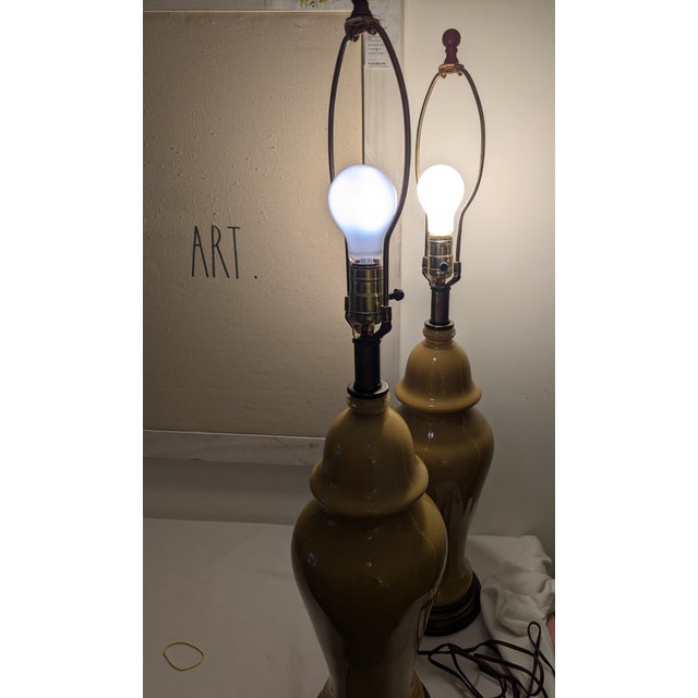 Mid Century Yellow Ceramic Lamp Pair Ginger Jar Style For Sale - Image 11 of 11