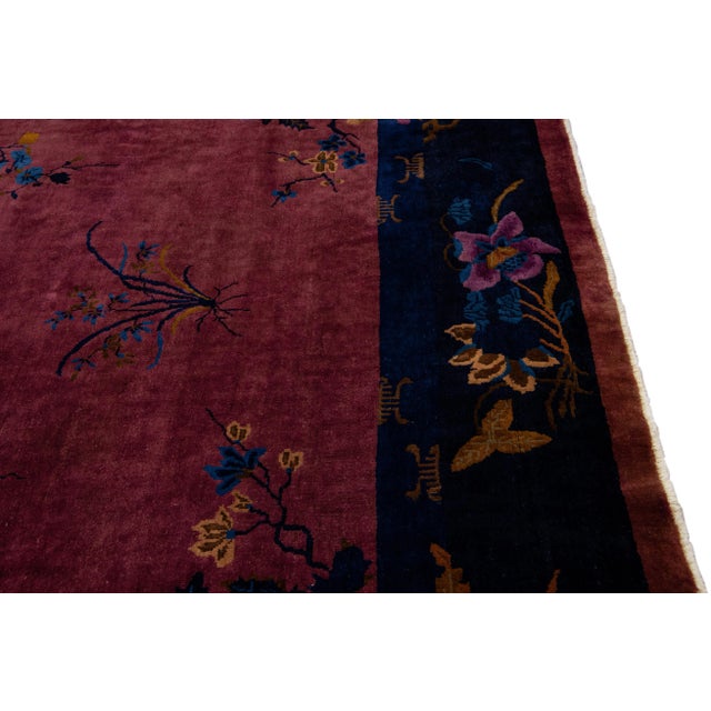Burgundy Antique Art Deco Handmade Chinese Floral Motif Wool Rug For Sale - Image 9 of 10
