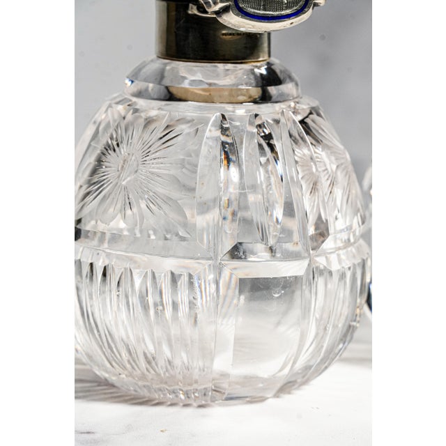 Exceptional Pair Antique English Cut Crystal Perfume Bottles Sterling Silver & Blue Enamel Tops Edwardian Vanity Set Home Decor For Sale - Image 13 of 18