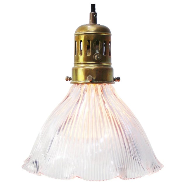 Vintage Glass and Brass Pendant Light from Holophane For Sale - Image 6 of 7