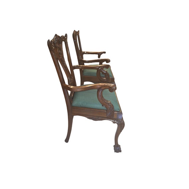 Pair of Vintage Chippendale-Style Carved Mahogany Armchairs With Green Upholstery For Sale - Image 9 of 12