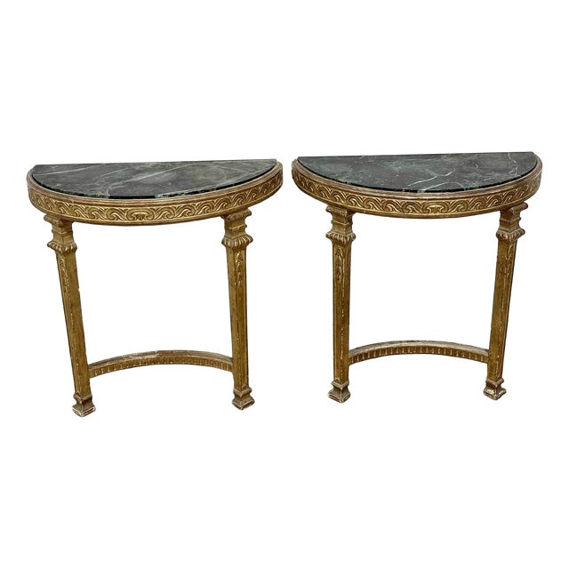 Giltwood Demilune Marble Console Tables, Set of 2 For Sale