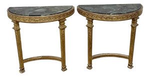 Giltwood Demilune Marble Console Tables, Set of 2