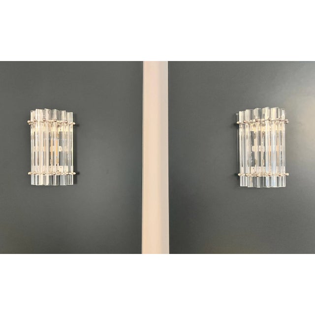 Mid-Century Modern Vintage Murano Wall Sconces in Clear Triedri, 1990s, Set of 2 For Sale - Image 3 of 16