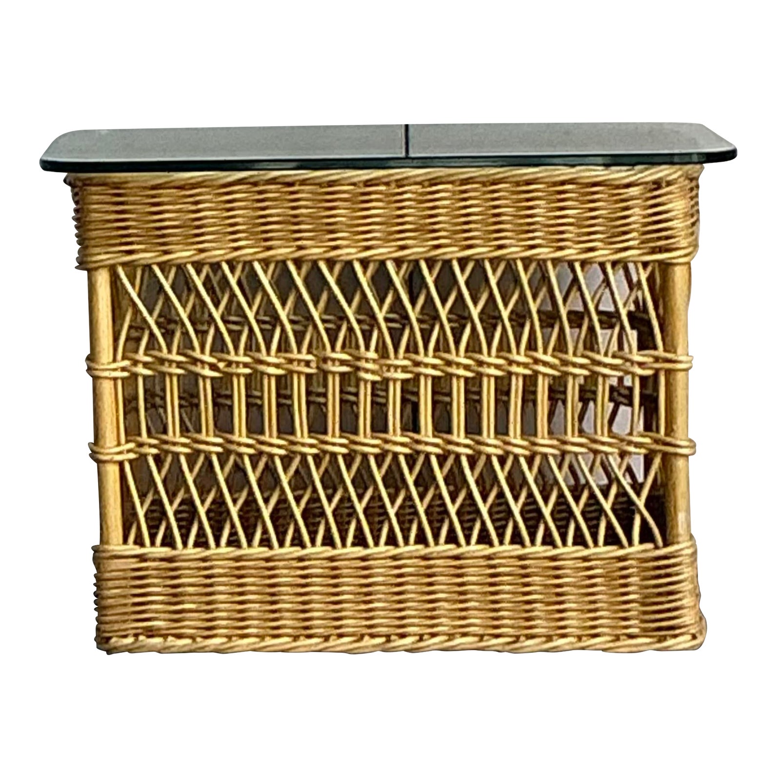 Vintage Boho Trellis Rattan Side Table | Chairish