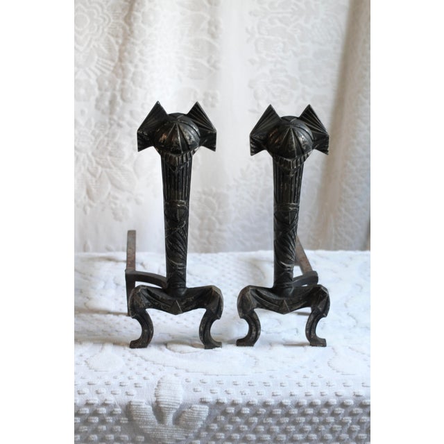 Art Deco Cast Iron Andirons From the Early 20th Century- Set of 2 For Sale - Image 6 of 11