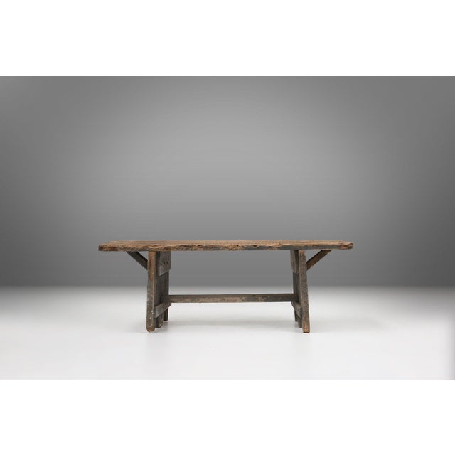 Mid-Century Modern Industrial Grey Wooden Bench, France, 1890s For Sale - Image 3 of 11