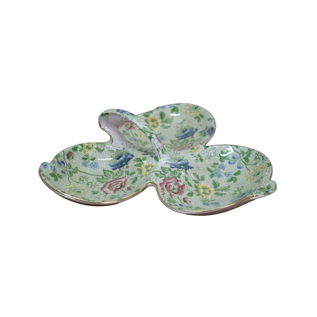 English Antique Deans Burslem Dresden Green Chintz Divided Clover Dish 13" For Sale - Image 3 of 14
