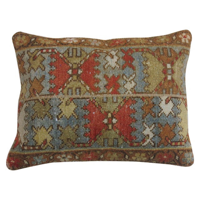 Pillow made from a Persian Malayer rug. Terracotta, soft blue, gray and green accents Measures: 15" x 19".