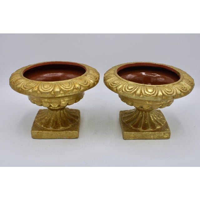 Mid Century Italian Gold Leaf Gilt Terra Cotta Urns For Sale - Image 4 of 12