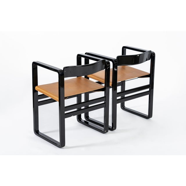 1970s Mid Century Modern Black Lacquer and Brown Leather Arm Chairs 1970s For Sale - Image 5 of 15