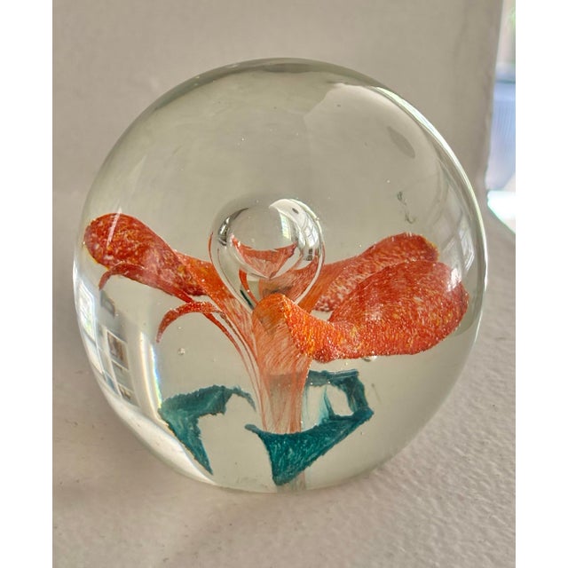 Mid 20th Century Vintage Orange Floral Hand-Blown Glass Paper Weight For Sale - Image 5 of 7
