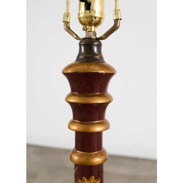 Late 20th Century Lacquered Wood Chinoiserie Gilt Decorated Floor Lamps - a Pair For Sale - Image 9 of 18