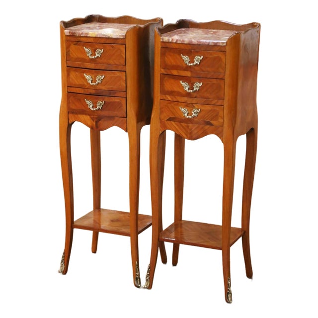 Pair of Mid-Century French Louis XV Walnut Marquetry Marble-Top Nightstands For Sale